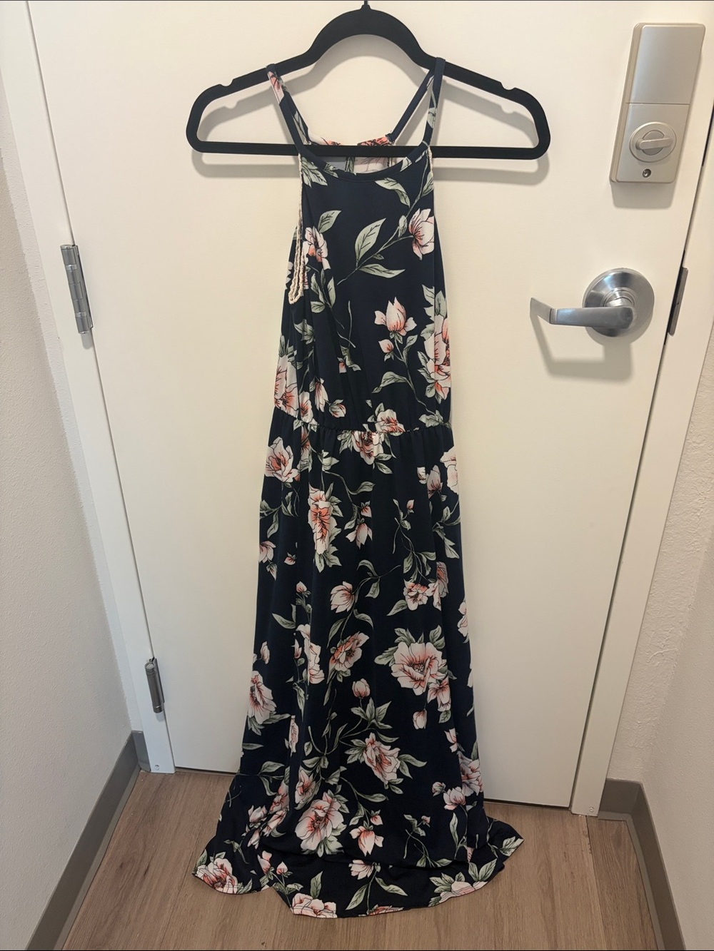 Small Petite French Grey Navy Floral Halter Maxi Dress